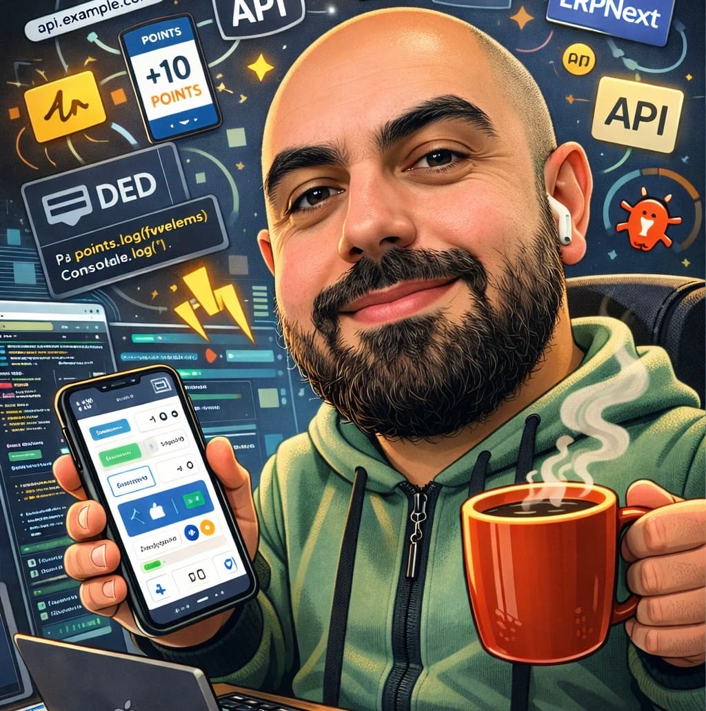 Hassan El Sabeh โ Mobile App Developer โ illustrated portrait holding a phone and a coffee mug
